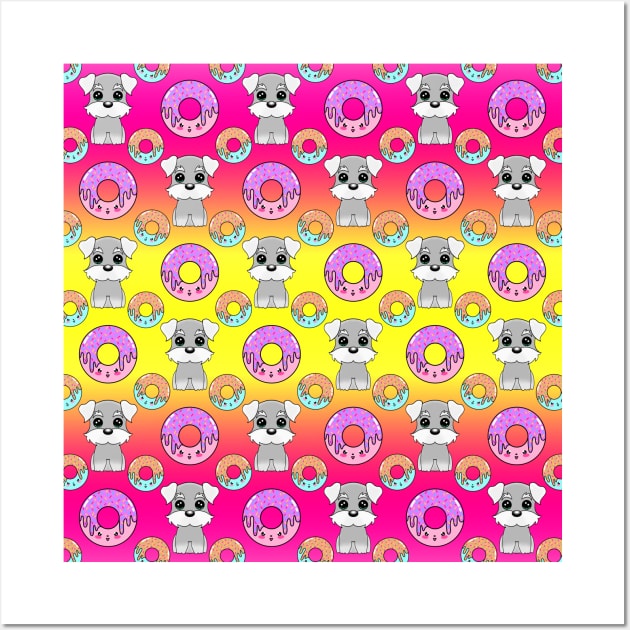 Cute happy funny little Schnauzer puppies, sweet yummy Kawaii adorable colorful donuts cartoon bright sunny yellow and pink pattern design. Wall Art by IvyArtistic